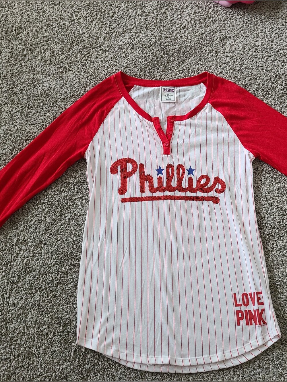 Pink Victoria Secret Red Sequin Phillies 3/4 Sleeve Striped Baseball T Shirt M